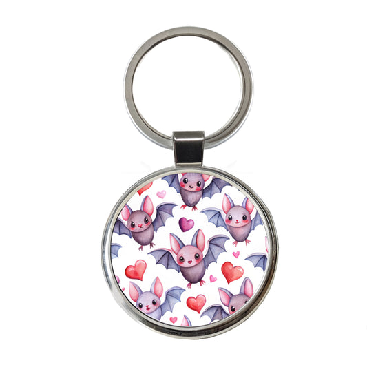 Cute Bats Hearts Watercolor Round Metal Keychain