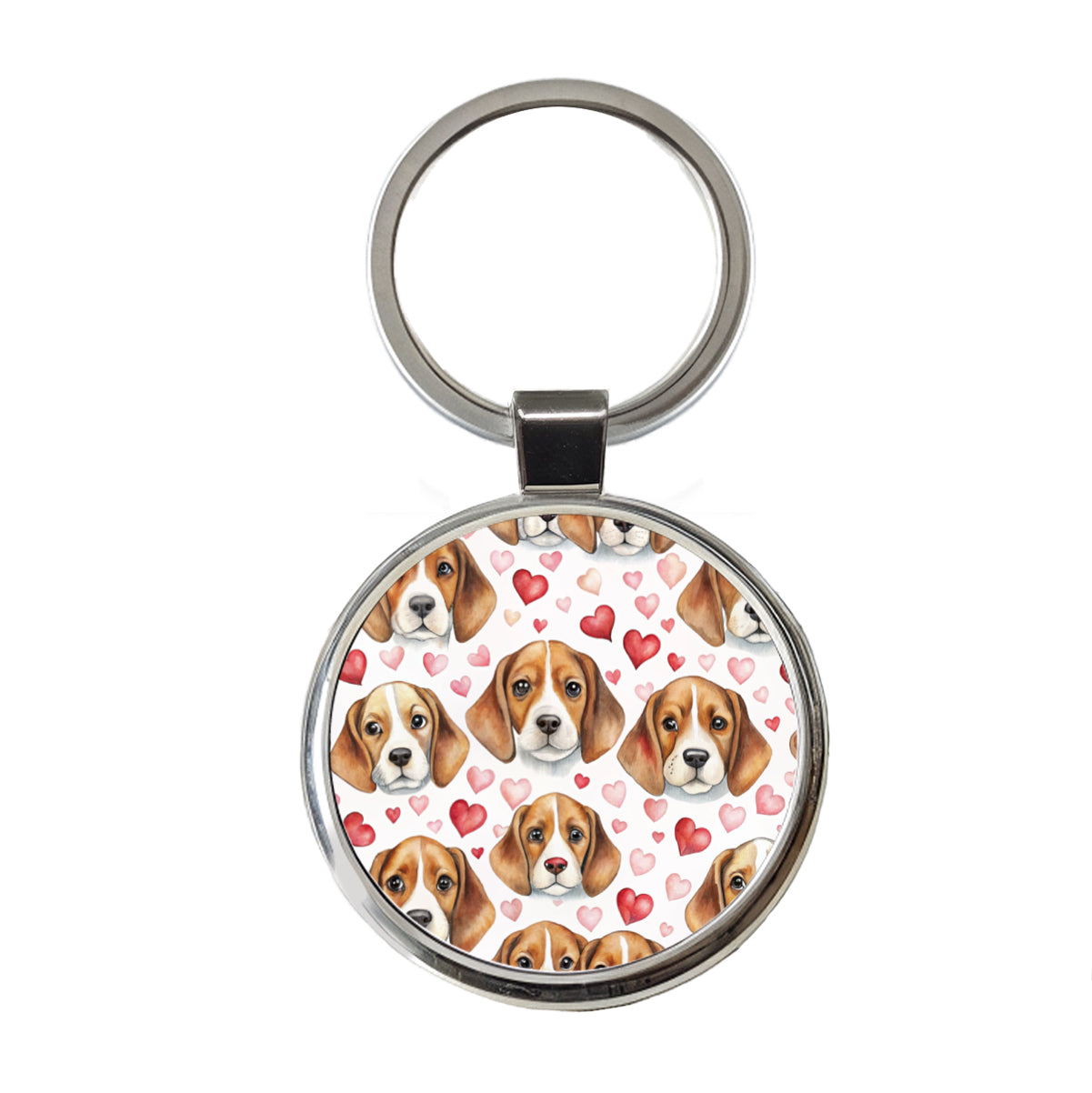Cute Beagle Dog Faces Hearts Round Metal Keychain