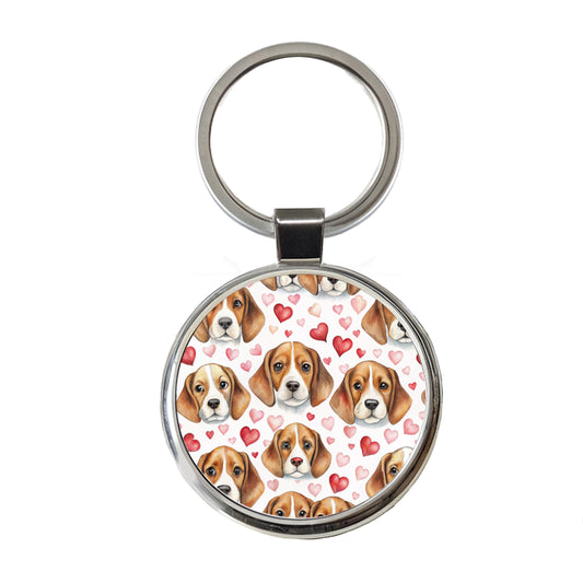 Cute Beagle Dog Faces Hearts Round Metal Keychain