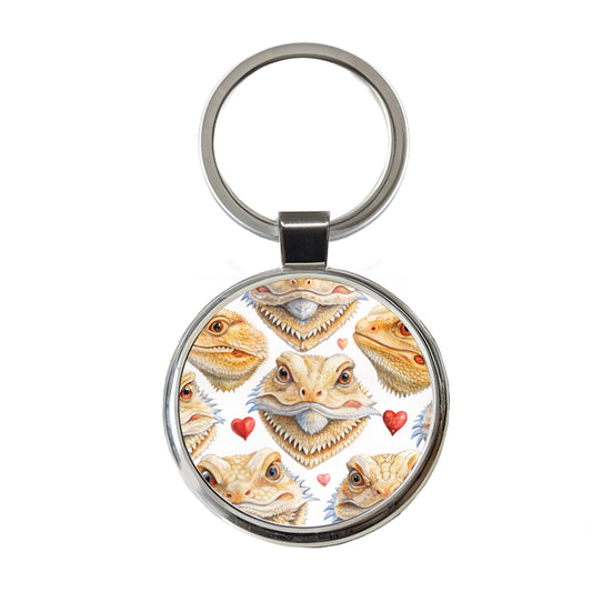 Cute Bearded Dragon Faces Hearts Round Metal Keychain