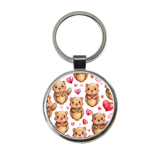 Cute Beavers Hearts Watercolor Round Metal Keychain