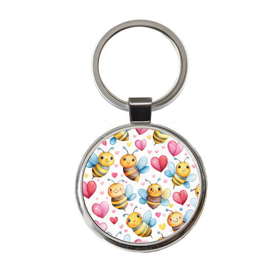 Cute Bees Hearts Watercolor Round Metal Keychain