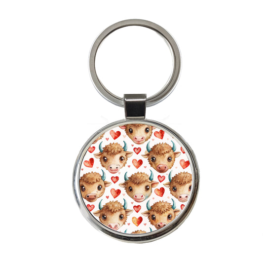Cute Bison Faces Hearts Watercolor Round Metal Keychain