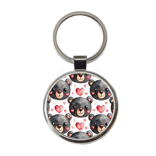 Cute Black Bear Faces Hearts Round Metal Keychain