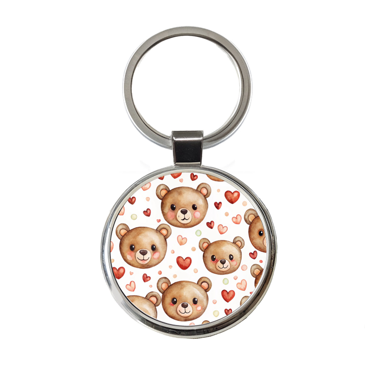 Cute Brown Bear Faces Hearts Round Metal Keychain