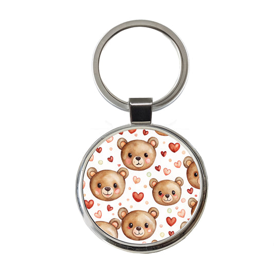 Cute Brown Bear Faces Hearts Round Metal Keychain