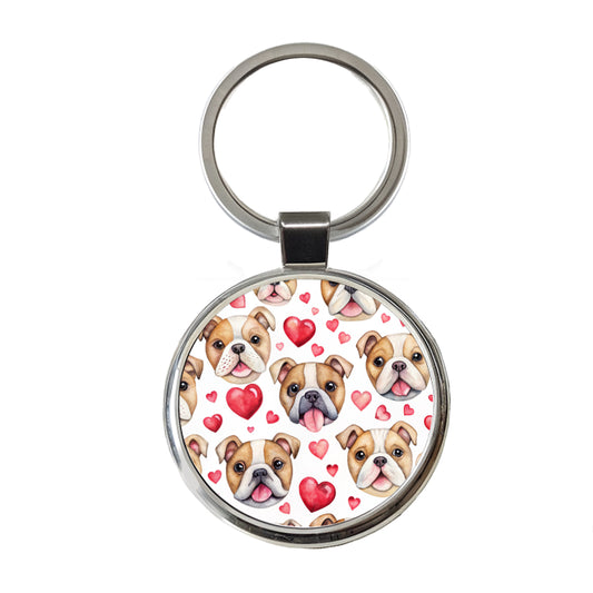 Cute Bulldog Dog Faces Hearts Round Metal Keychain