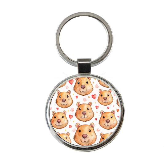 Cute Capybara Faces Hearts Round Metal Keychain