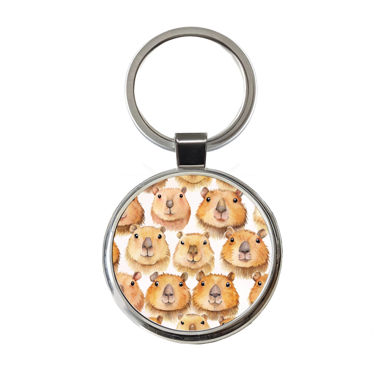 Cute Capybara Faces Watercolor Round Metal Keychain