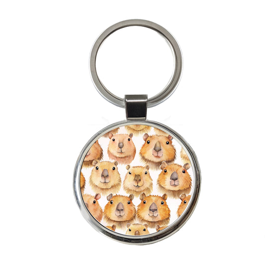 Cute Capybara Faces Watercolor Round Metal Keychain