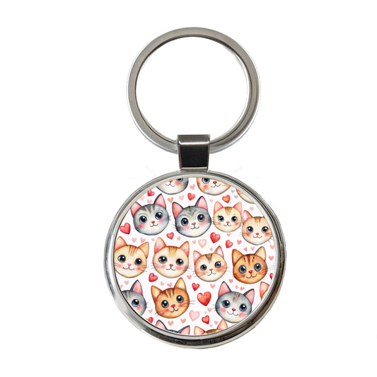 Cute Cat Faces Hearts Watercolor Round Metal Keychain
