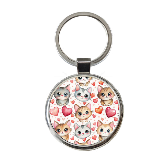 Cute Cats Hearts Watercolor Round Metal Keychain