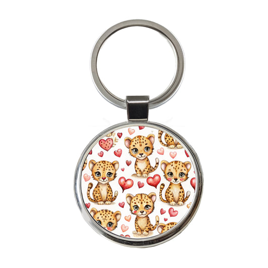 Cute Cheetahs Hearts Watercolor Round Metal Keychain