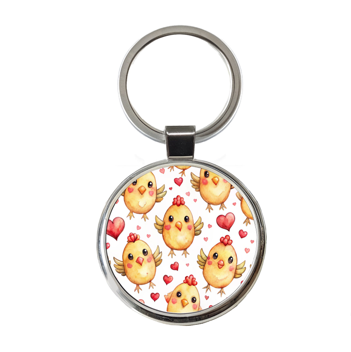 Cute Chickens Hearts Watercolor Round Metal Keychain