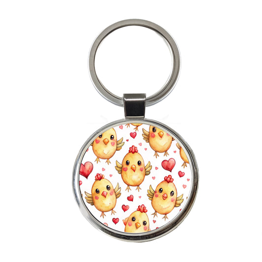 Cute Chickens Hearts Watercolor Round Metal Keychain