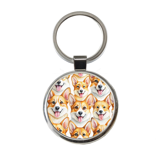 Cute Corgi Dog Faces Watercolor Round Metal Keychain
