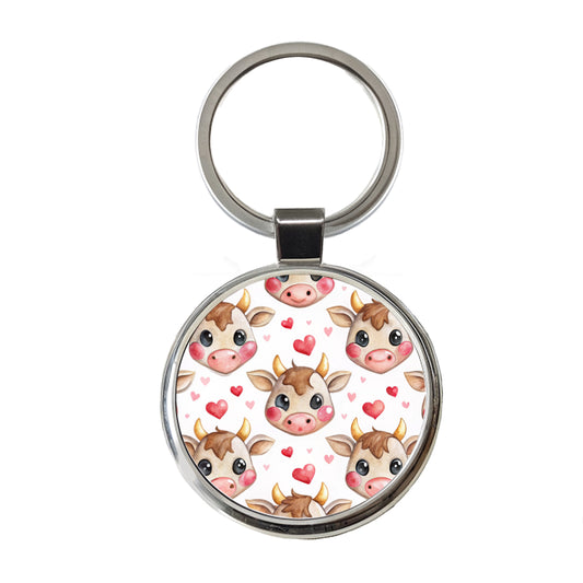 Cute Cow Faces Hearts Watercolor Round Metal Keychain