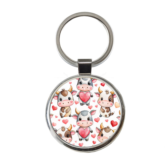 Cute Cows Hearts Watercolor Round Metal Keychain
