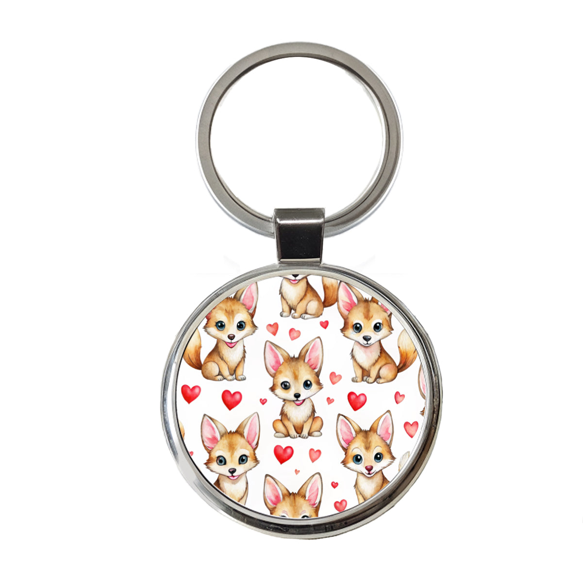 Cute Coyotes Hearts Watercolor Round Metal Keychain