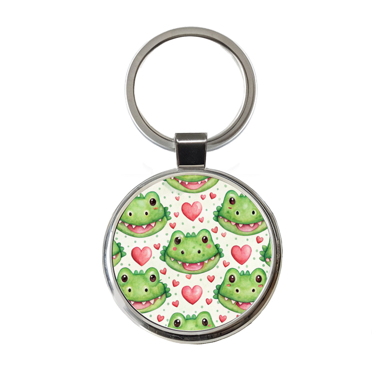 Cute Crocodile Alligator Faces Hearts Round Metal Keychain