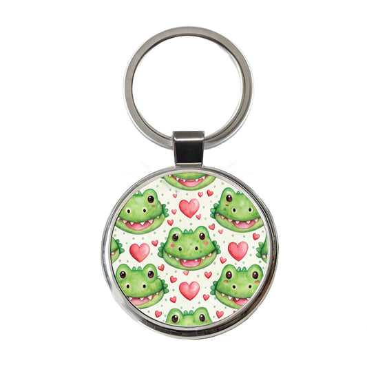 Cute Crocodile Alligator Faces Hearts Round Metal Keychain