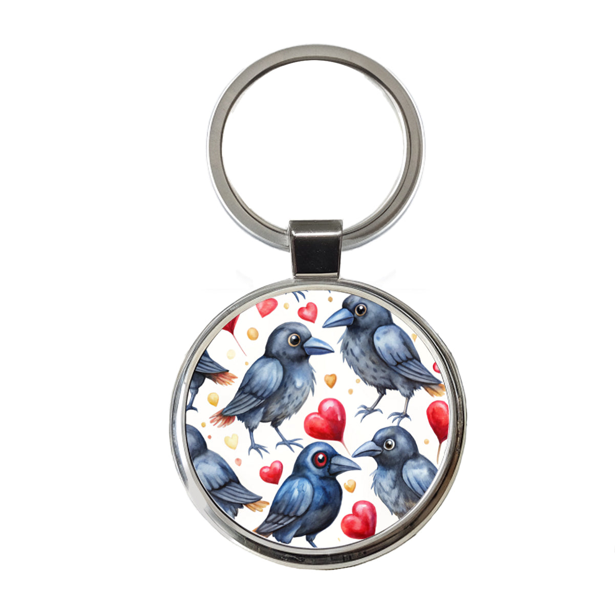 Cute Crows Hearts Watercolor Round Metal Keychain