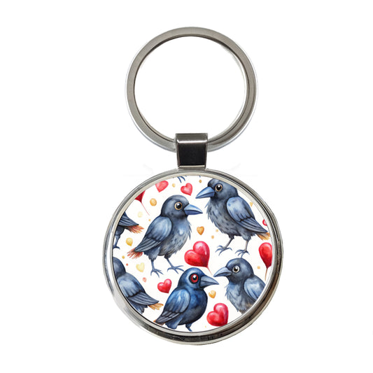 Cute Crows Hearts Watercolor Round Metal Keychain