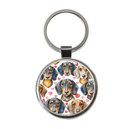 Cute Dachshund Dog Faces Hearts Round Metal Keychain