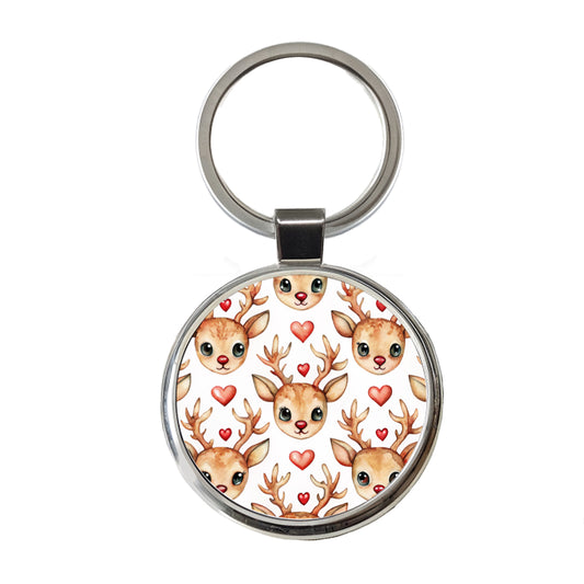Cute Deer Faces Hearts Watercolor Round Metal Keychain
