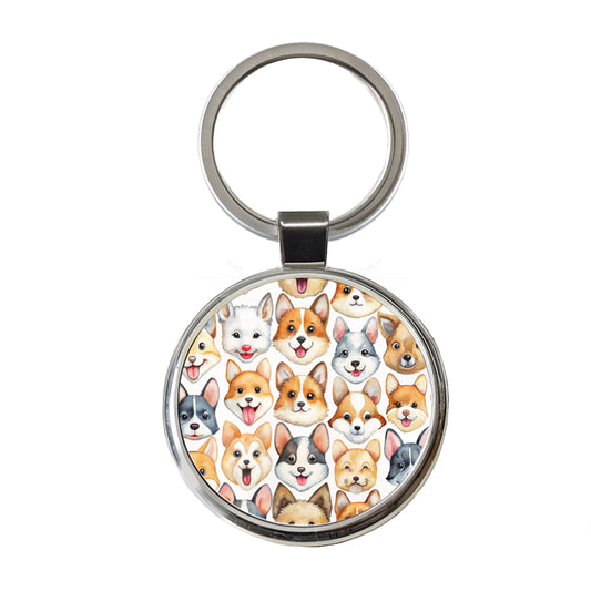Cute Dog Faces Watercolor Round Metal Keychain