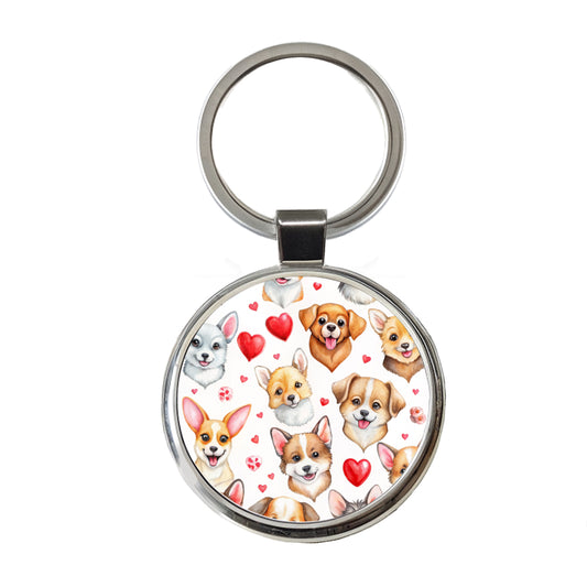 Cute Dogs Hearts Watercolor Round Metal Keychain