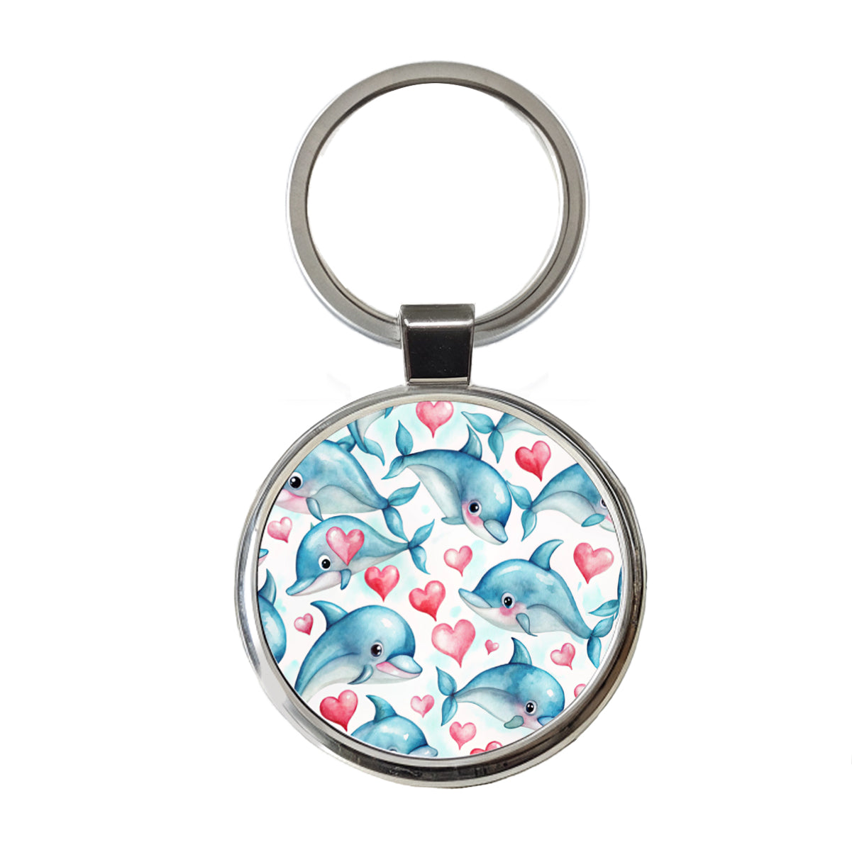 Cute Dolphin Faces Hearts Round Metal Keychain