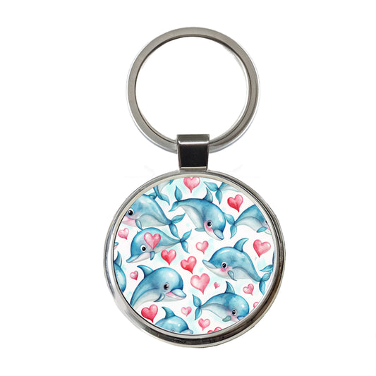 Cute Dolphin Faces Hearts Round Metal Keychain