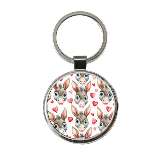 Cute Donkey Faces Hearts Watercolor Round Metal Keychain