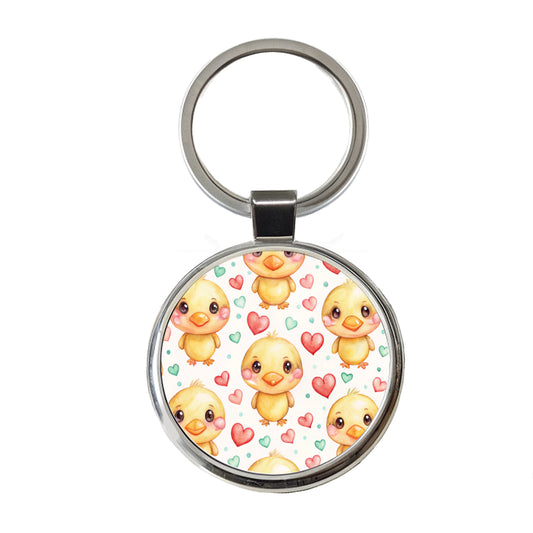 Cute Ducks Hearts Watercolor Round Metal Keychain