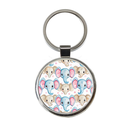 Cute Elephant Faces Watercolor Round Metal Keychain