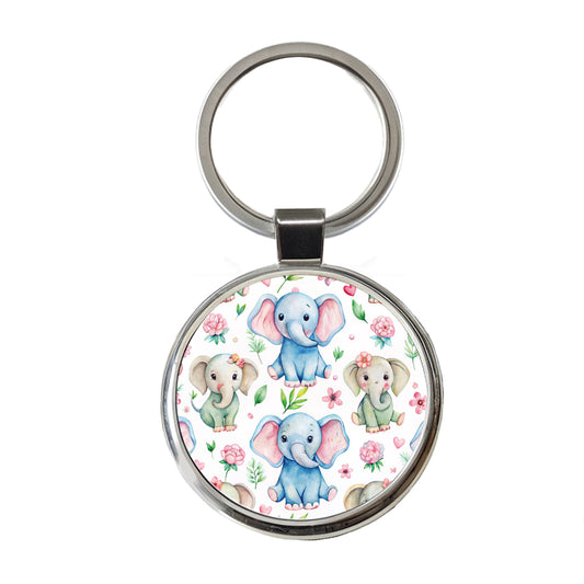 Cute Elephants Hearts Watercolor Round Metal Keychain