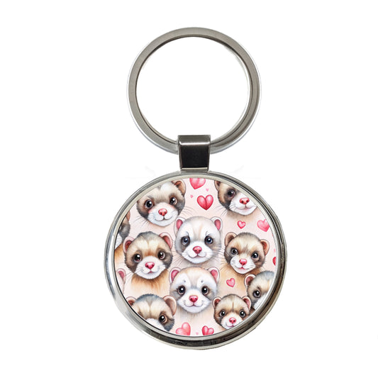 Cute Ferret Faces Hearts Watercolor Round Metal Keychain