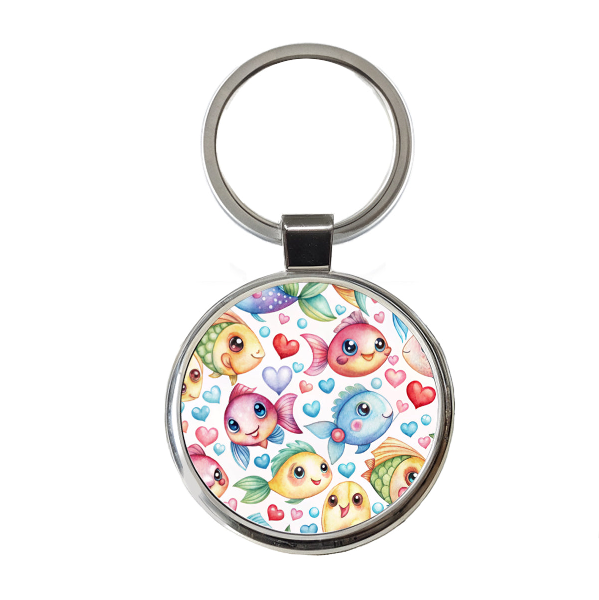 Cute Fish Faces Hearts Watercolor Round Metal Keychain