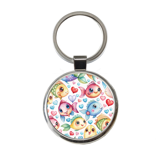 Cute Fish Faces Hearts Watercolor Round Metal Keychain