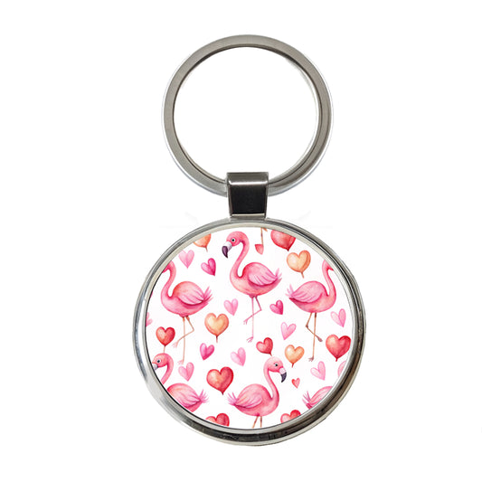 Cute Flamingos Hearts Watercolor Round Metal Keychain