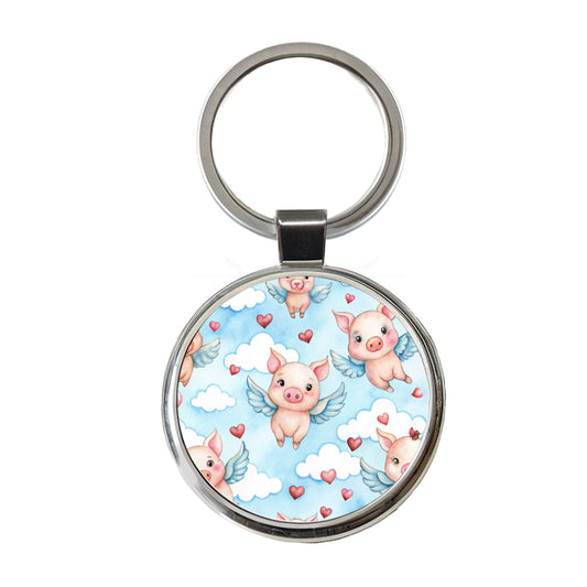Cute Flying Pigs Hearts Watercolor Round Metal Keychain