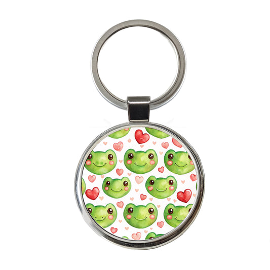 Cute Frog Faces Hearts Watercolor Round Metal Keychain