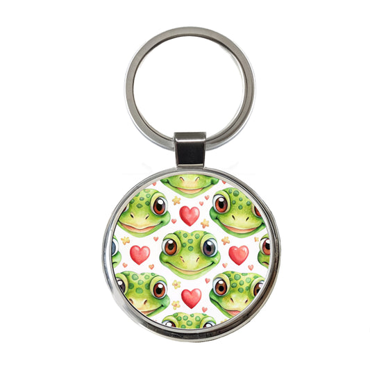 Cute Gecko Faces Hearts Watercolor Round Metal Keychain