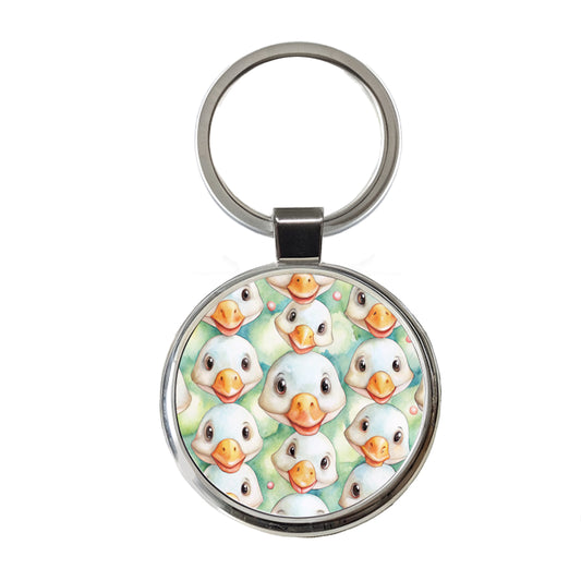 Cute Geese Faces Watercolor Round Metal Keychain