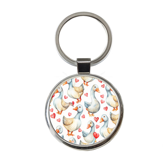 Cute Geese Hearts Watercolor Round Metal Keychain