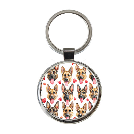 Cute German Shepherd Dog Faces Hearts Round Metal Keychain