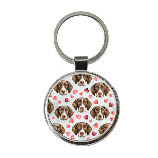 Cute German Shorthaired Pointer Dog Faces Hearts Round Metal Keychain
