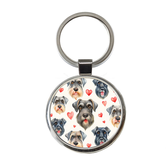 Cute Giant Schnauzer Dog Faces Hearts Round Metal Keychain