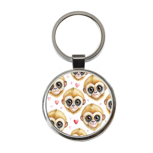 Cute Gibbons Faces Hearts Round Metal Keychain